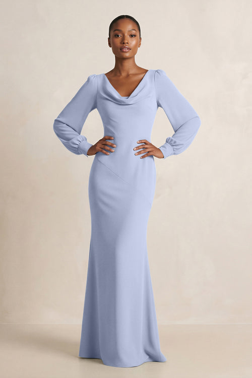 Long Sleeve V-Neck Sheath Chiffon Bridesmaid Dress in Ice | KISSBRIDAL