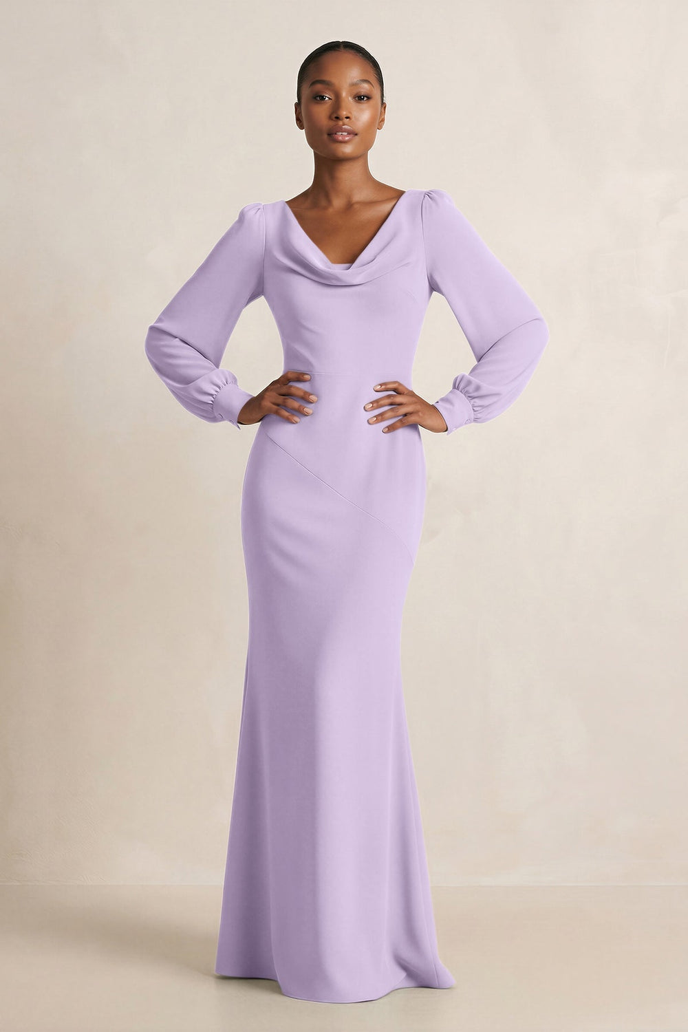 Long Sleeve V - Neck Sheath Chiffon Bridesmaid Dress in Lavender - KISS BRIDAL Bridesmaid Dresses