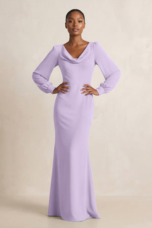 Long Sleeve V - Neck Sheath Chiffon Bridesmaid Dress in Lavender - SHE IS ME Bridesmaid Dresses
