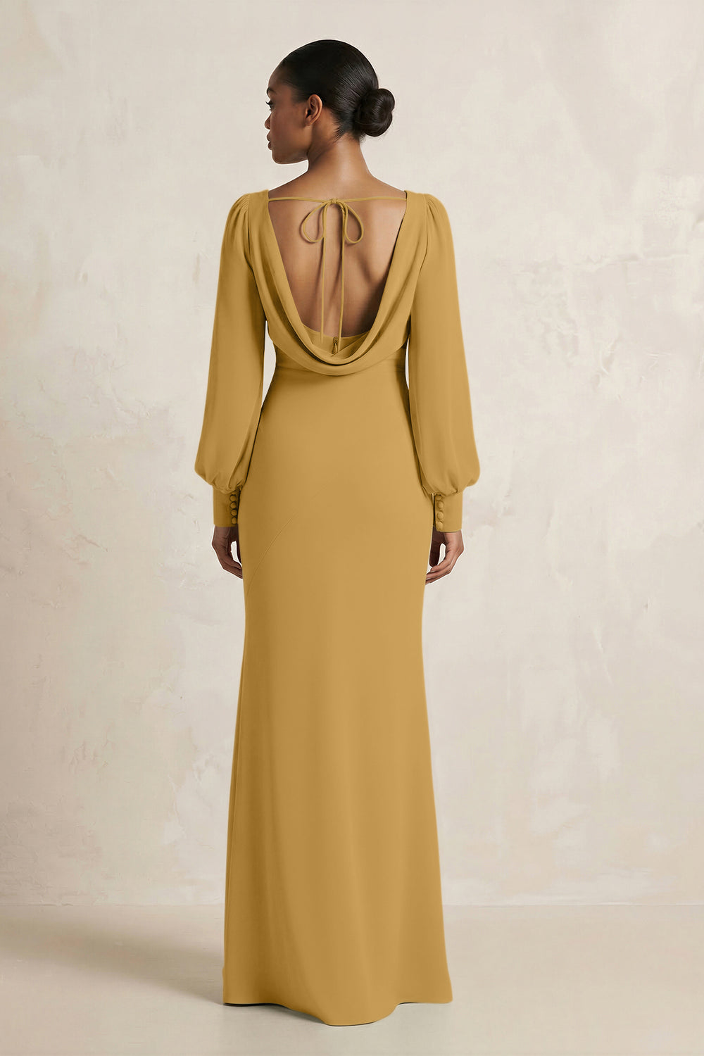 Long Sleeve V-Neck Sheath Chiffon Bridesmaid Dress in Marigold