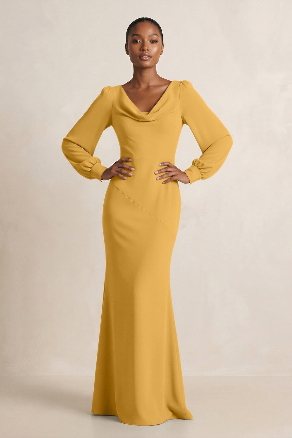 Long Sleeve V - Neck Sheath Chiffon Bridesmaid Dress in Marigold - KISS BRIDAL Bridesmaid Dresses