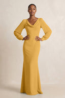 Long Sleeve V - Neck Sheath Chiffon Bridesmaid Dress in Marigold - SHE IS ME Bridesmaid Dresses