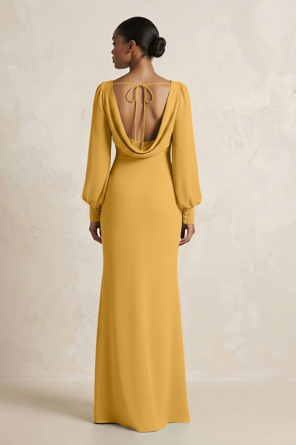 Long Sleeve V - Neck Sheath Chiffon Bridesmaid Dress in Marigold - KISS BRIDAL Bridesmaid Dresses
