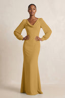 Long Sleeve V-Neck Sheath Chiffon Bridesmaid Dress in Marigold | KISSBRIDAL