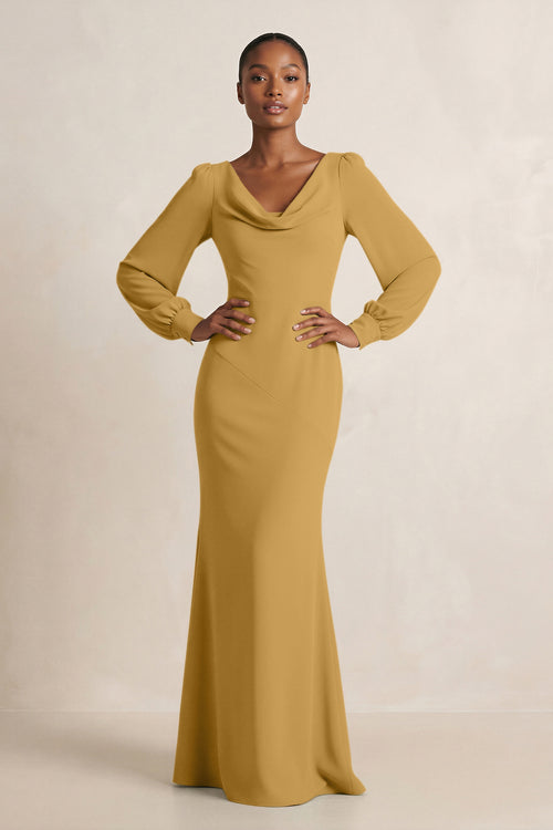 Long Sleeve V-Neck Sheath Chiffon Bridesmaid Dress in Marigold | KISSBRIDAL