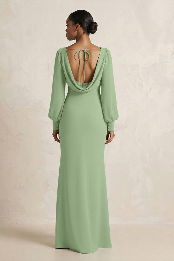 Long Sleeve V-Neck Sheath Chiffon Bridesmaid Dress in Matcha (2) | KISSBRIDAL