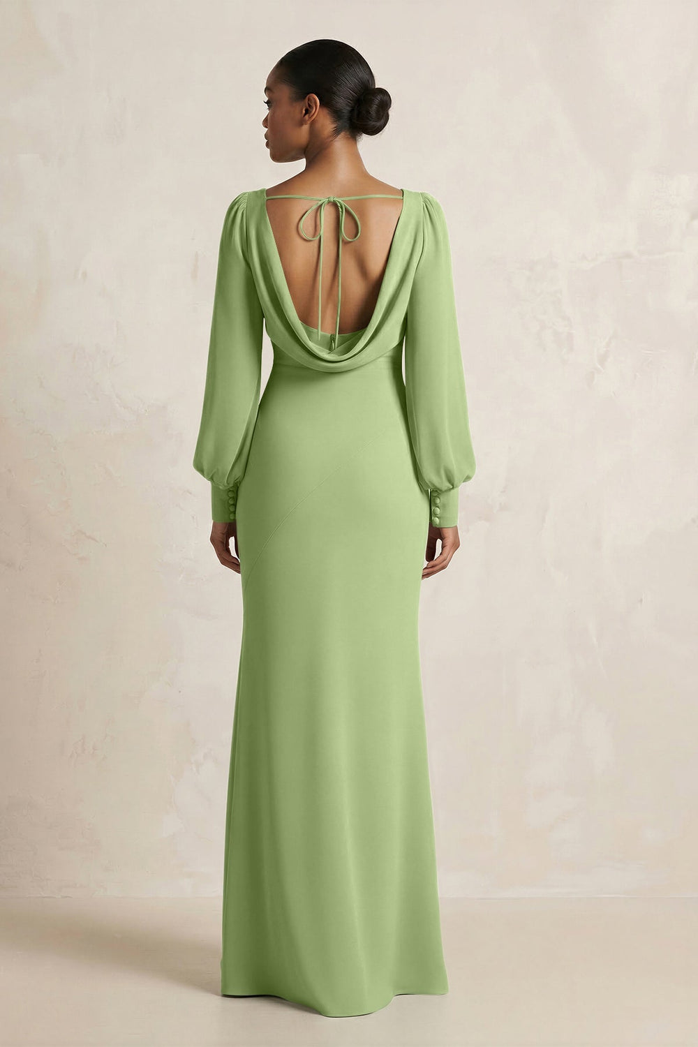 Long Sleeve V - Neck Sheath Chiffon Bridesmaid Dress in Matcha - KISS BRIDAL Bridesmaid Dresses