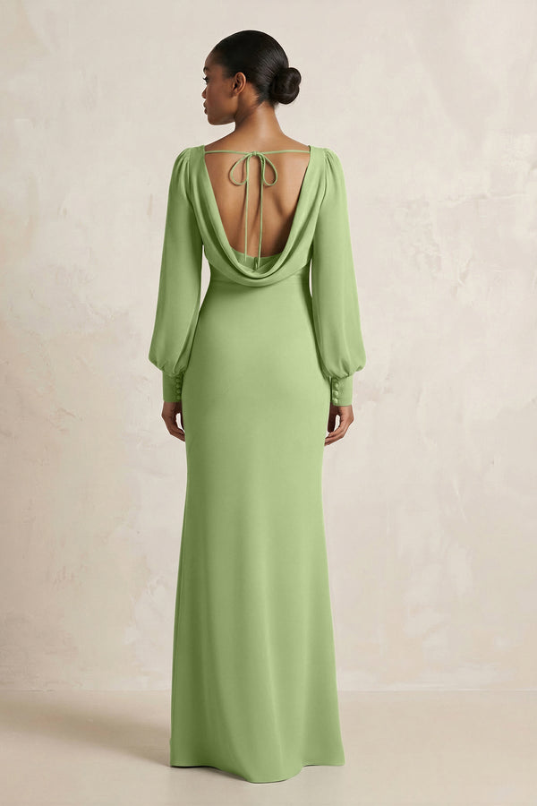 Long Sleeve V - Neck Sheath Chiffon Bridesmaid Dress in Matcha - SHE IS ME Bridesmaid Dresses