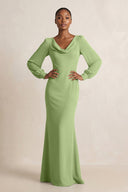 Long Sleeve V - Neck Sheath Chiffon Bridesmaid Dress in Matcha - SHE IS ME Bridesmaid Dresses