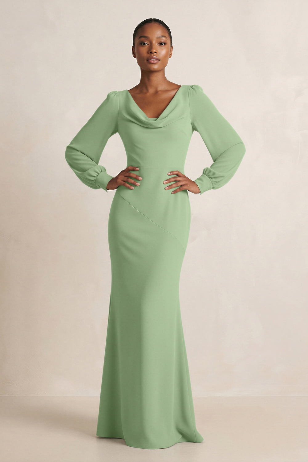 Long Sleeve V-Neck Sheath Chiffon Bridesmaid Dress in Matcha