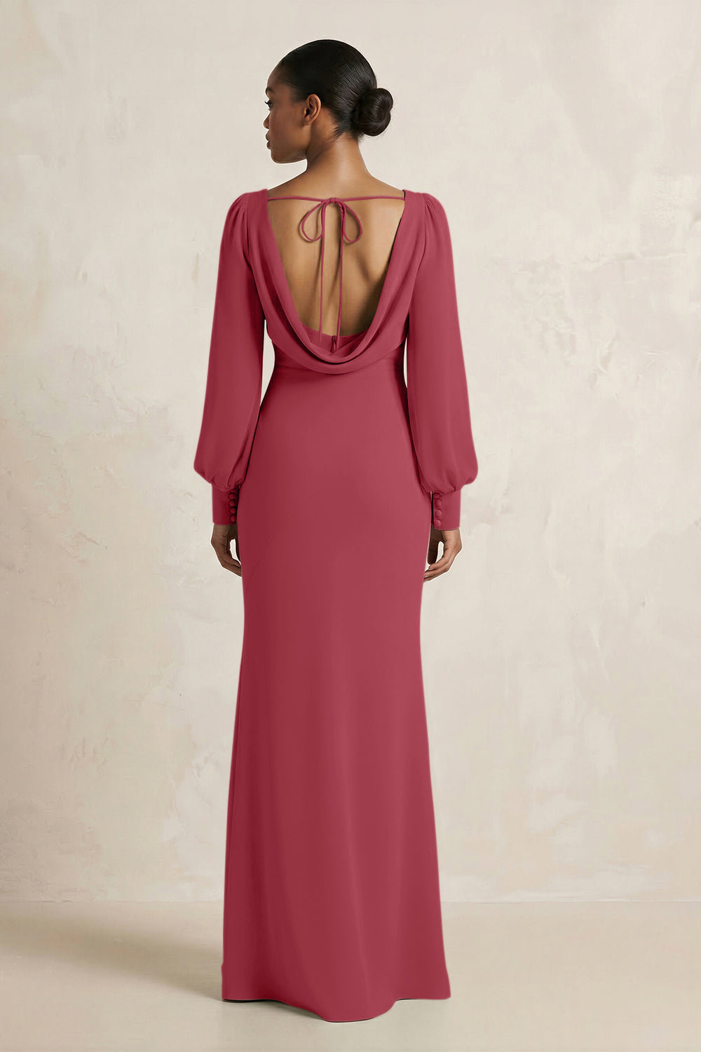 Long Sleeve V-Neck Sheath Chiffon Bridesmaid Dress in Merlot