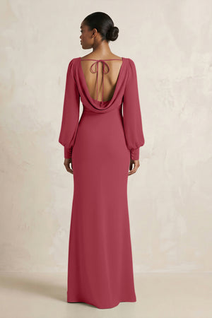 Long Sleeve V-Neck Sheath Chiffon Bridesmaid Dress in Merlot (2) | KISSBRIDAL