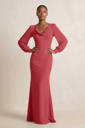 Long Sleeve V - Neck Sheath Chiffon Bridesmaid Dress in Merlot - SHE IS ME Bridesmaid Dresses