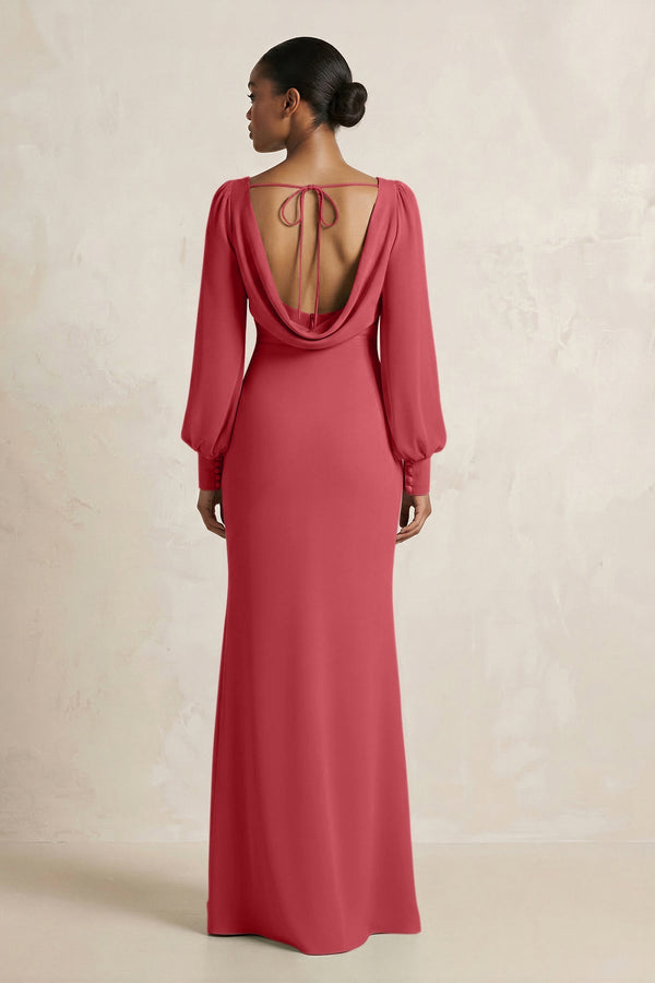 Long Sleeve V - Neck Sheath Chiffon Bridesmaid Dress in Merlot - SHE IS ME Bridesmaid Dresses