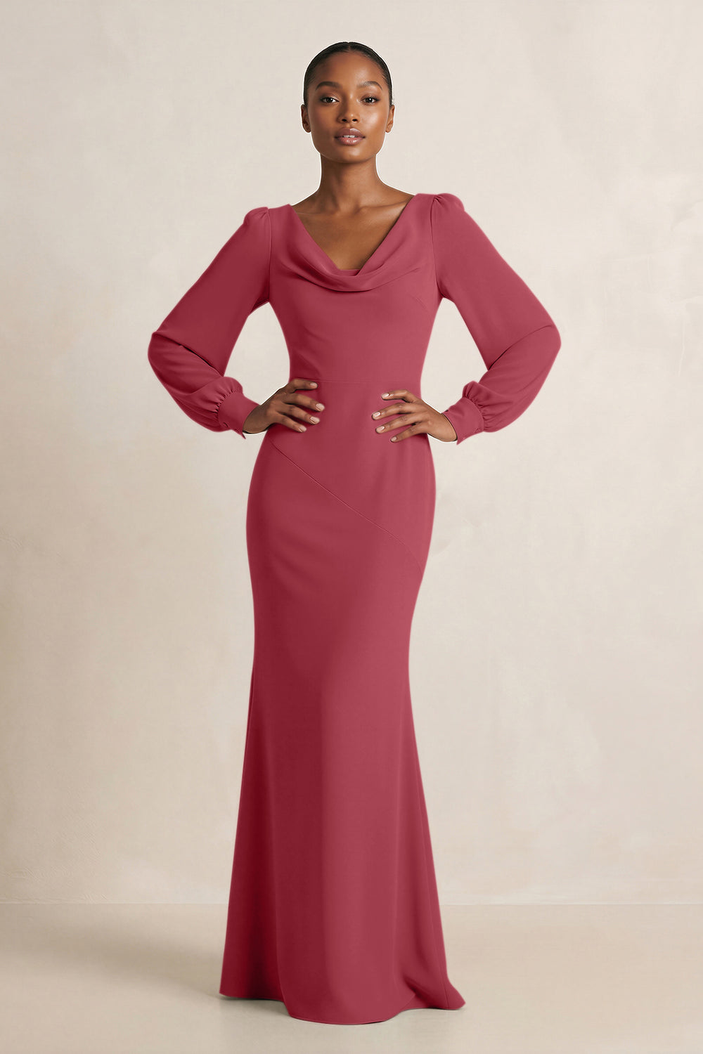 Long Sleeve V-Neck Sheath Chiffon Bridesmaid Dress in Merlot