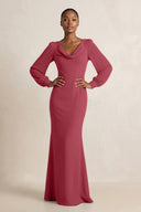 Long Sleeve V-Neck Sheath Chiffon Bridesmaid Dress in Merlot | KISSBRIDAL