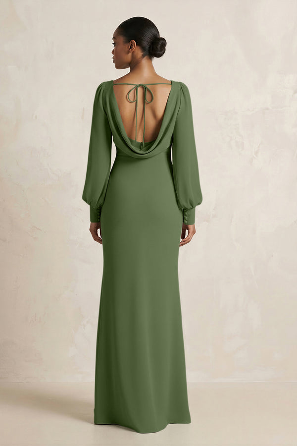 Long Sleeve V-Neck Sheath Chiffon Bridesmaid Dress in Moss (2) | KISSBRIDAL