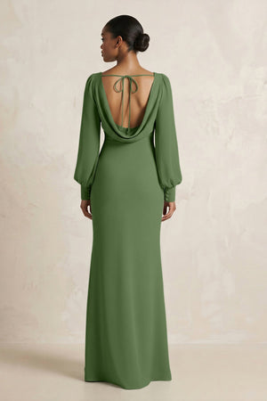 Long Sleeve V - Neck Sheath Chiffon Bridesmaid Dress in Moss - SHE IS ME Bridesmaid Dresses