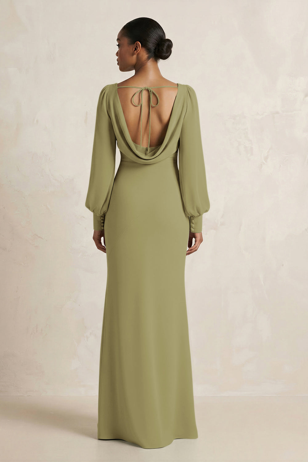 Long Sleeve V-Neck Sheath Chiffon Bridesmaid Dress in Moss Green