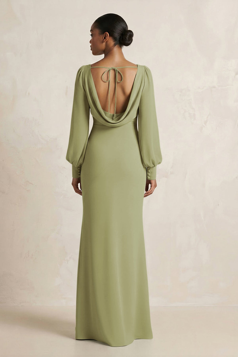 Long Sleeve V - Neck Sheath Chiffon Bridesmaid Dress in Moss Green - KISS BRIDAL Bridesmaid Dresses
