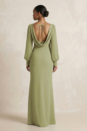 Long Sleeve V - Neck Sheath Chiffon Bridesmaid Dress in Moss Green - SHE IS ME Bridesmaid Dresses