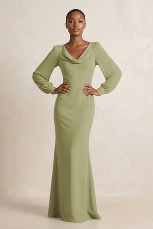Long Sleeve V - Neck Sheath Chiffon Bridesmaid Dress in Moss Green - SHE IS ME Bridesmaid Dresses