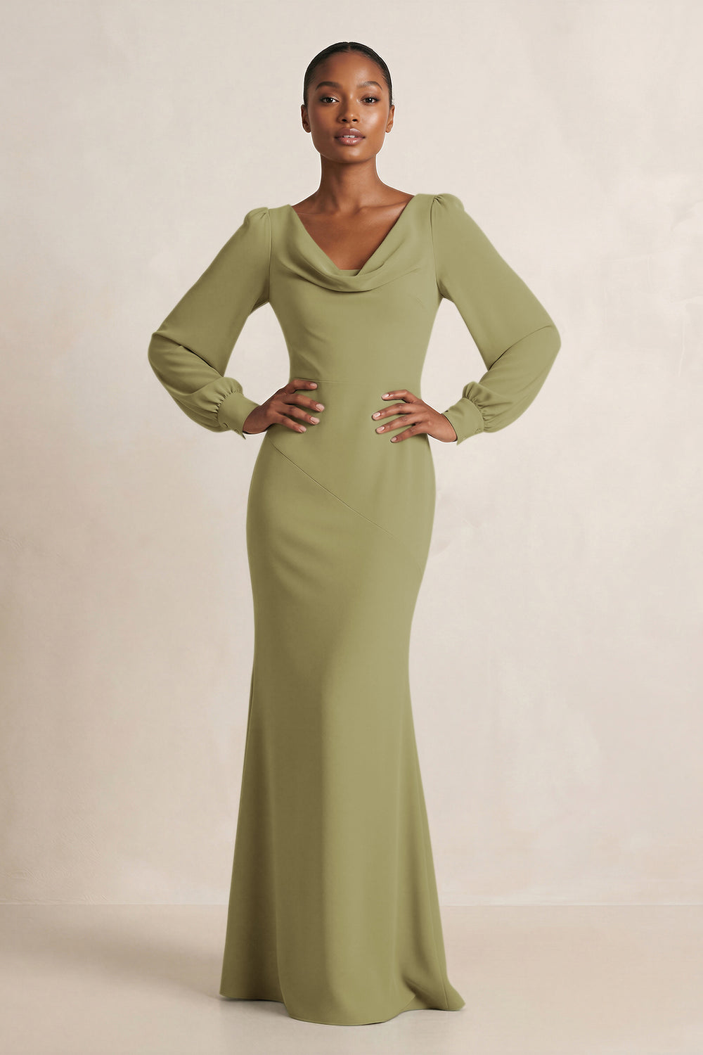 Long Sleeve V-Neck Sheath Chiffon Bridesmaid Dress in Moss Green