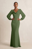 Long Sleeve V-Neck Sheath Chiffon Bridesmaid Dress in Moss | KISSBRIDAL