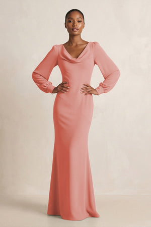 Long Sleeve V - Neck Sheath Chiffon Bridesmaid Dress in Mulberry - SHE IS ME Bridesmaid Dresses