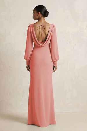 Long Sleeve V - Neck Sheath Chiffon Bridesmaid Dress in Mulberry - SHE IS ME Bridesmaid Dresses