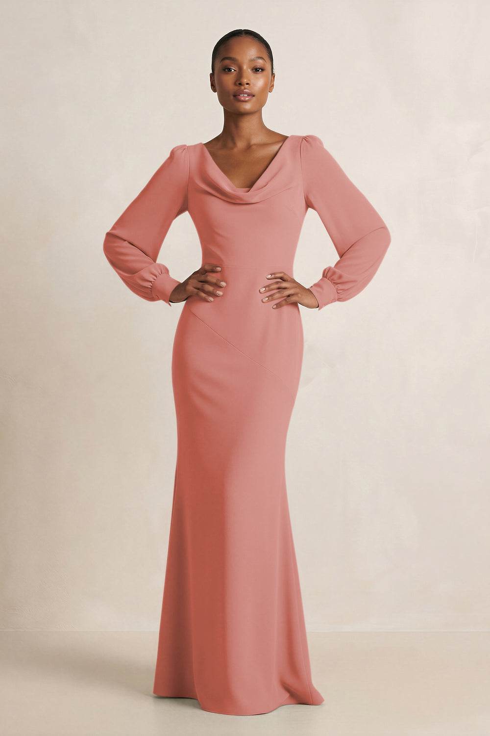 Long Sleeve V-Neck Sheath Chiffon Bridesmaid Dress in Mulberry