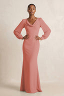 Long Sleeve V-Neck Sheath Chiffon Bridesmaid Dress in Mulberry | KISSBRIDAL