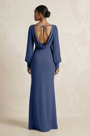 Long Sleeve V - Neck Sheath Chiffon Bridesmaid Dress in Navy - SHE IS ME Bridesmaid Dresses