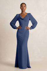 Long Sleeve V - Neck Sheath Chiffon Bridesmaid Dress in Navy - KISS BRIDAL Bridesmaid Dresses