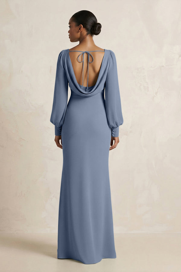 Long Sleeve V - Neck Sheath Chiffon Bridesmaid Dress in Neptune - SHE IS ME Bridesmaid Dresses