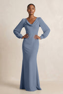 Long Sleeve V - Neck Sheath Chiffon Bridesmaid Dress in Neptune - SHE IS ME Bridesmaid Dresses