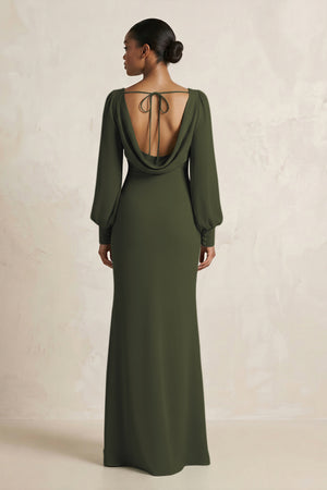 Long Sleeve V-Neck Sheath Chiffon Bridesmaid Dress in Olive (2) | KISSBRIDAL