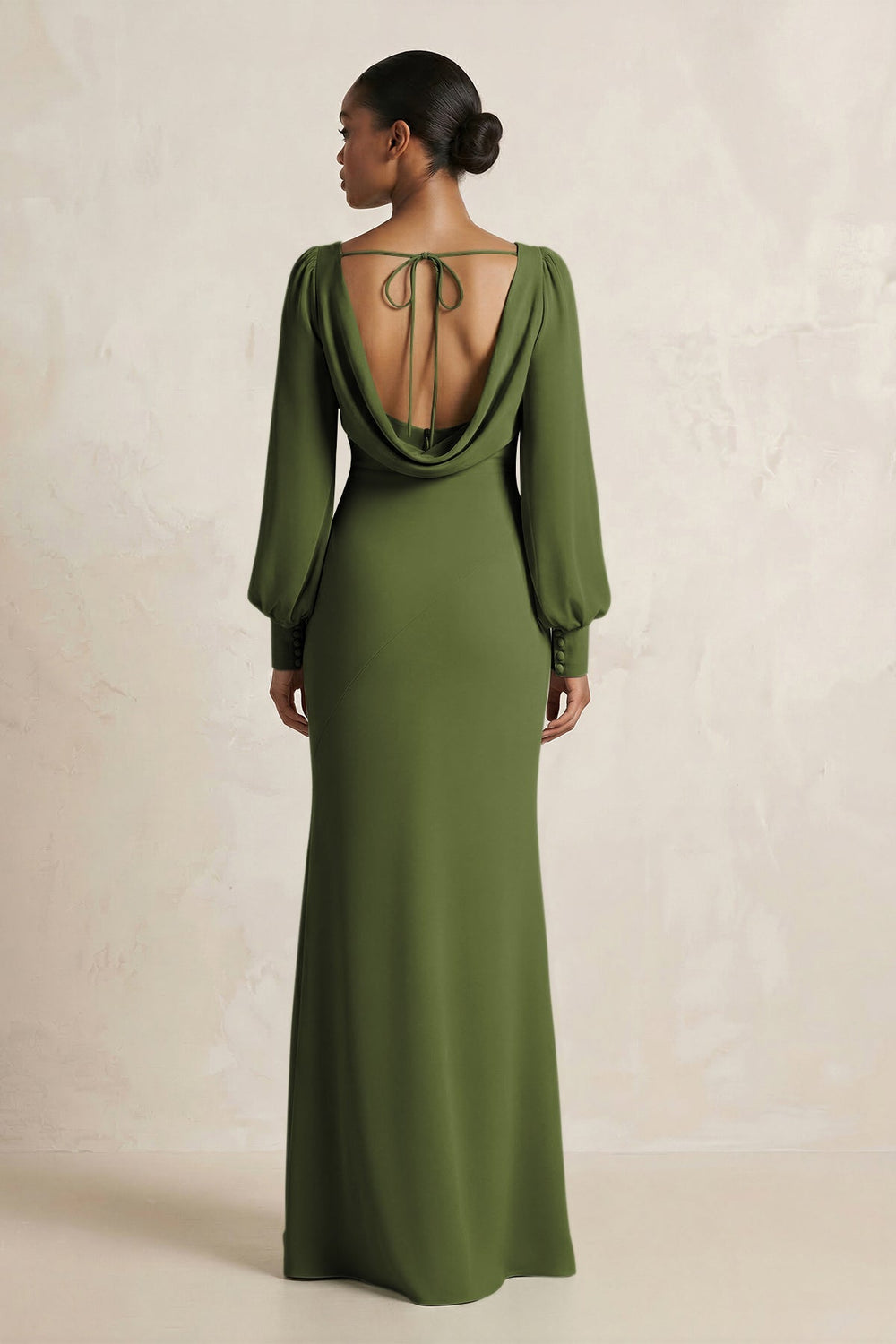 Long Sleeve V - Neck Sheath Chiffon Bridesmaid Dress in Olive - KISS BRIDAL Bridesmaid Dresses