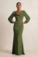 Long Sleeve V - Neck Sheath Chiffon Bridesmaid Dress in Olive - SHE IS ME Bridesmaid Dresses