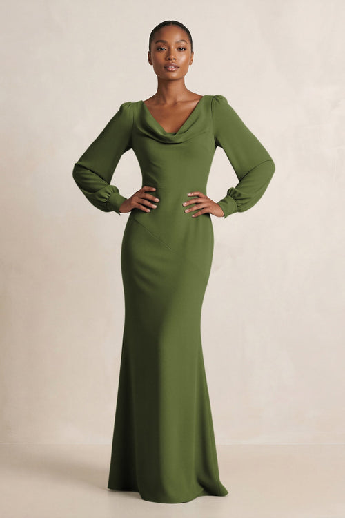 Long Sleeve V - Neck Sheath Chiffon Bridesmaid Dress in Olive - SHE IS ME Bridesmaid Dresses