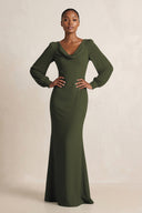 Long Sleeve V-Neck Sheath Chiffon Bridesmaid Dress in Olive | KISSBRIDAL