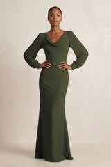 Long Sleeve V-Neck Sheath Chiffon Bridesmaid Dress in Olive | KISSBRIDAL