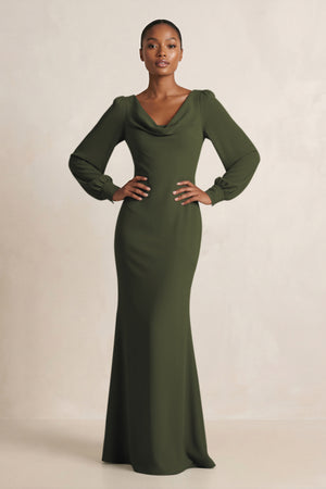 Long Sleeve V-Neck Sheath Chiffon Bridesmaid Dress in Olive | KISSBRIDAL