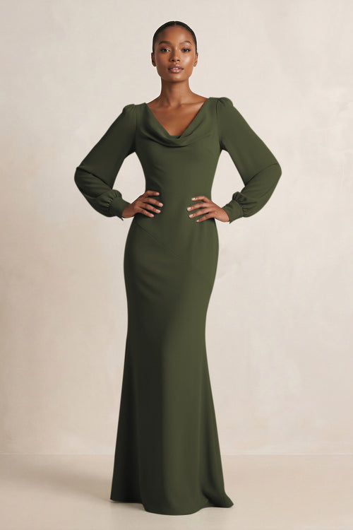Long Sleeve V-Neck Sheath Chiffon Bridesmaid Dress in Olive | KISSBRIDAL
