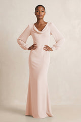 Long Sleeve V - Neck Sheath Chiffon Bridesmaid Dress in Pale Blush - KISS BRIDAL Bridesmaid Dresses