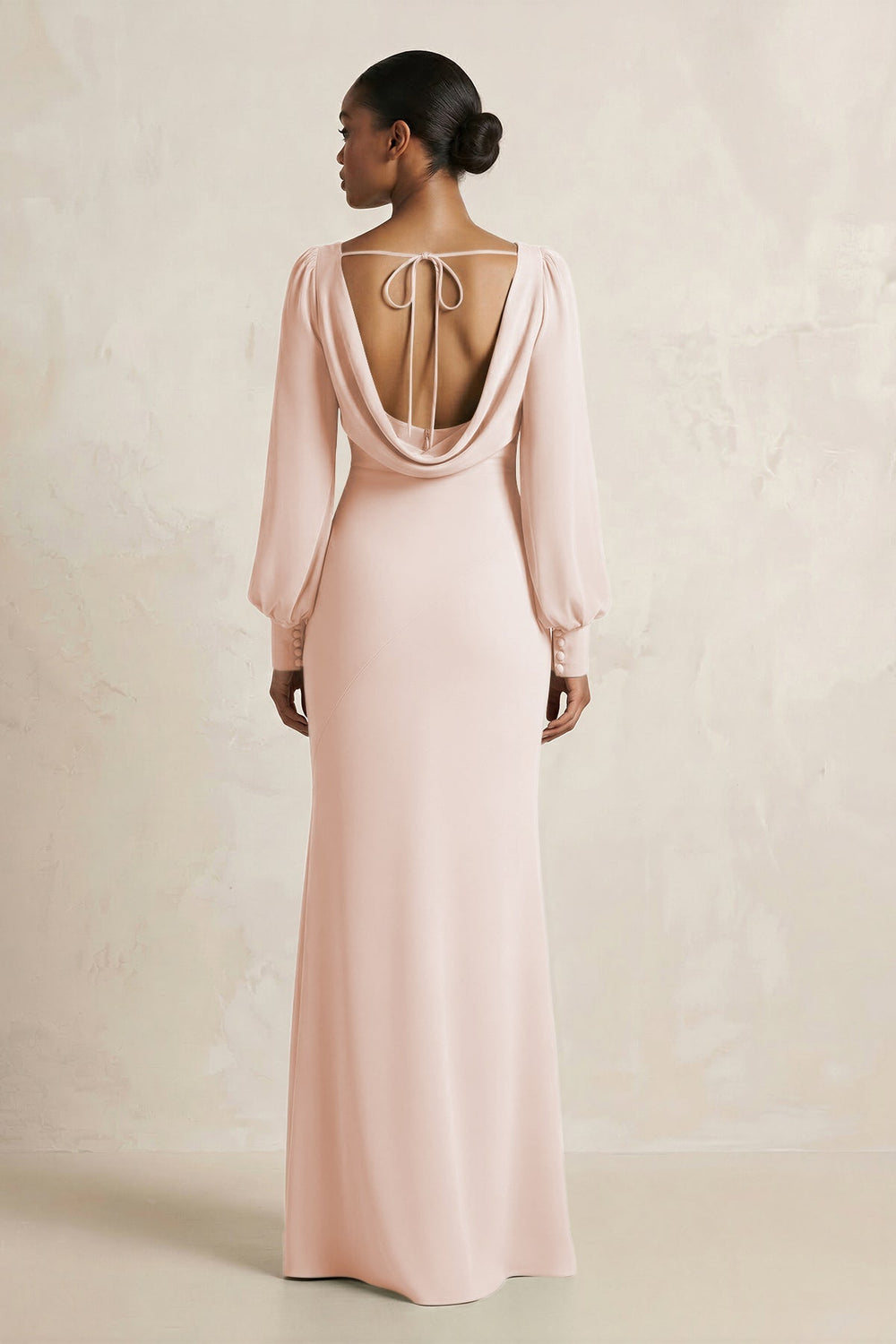 Long Sleeve V - Neck Sheath Chiffon Bridesmaid Dress in Pale Blush - KISS BRIDAL Bridesmaid Dresses
