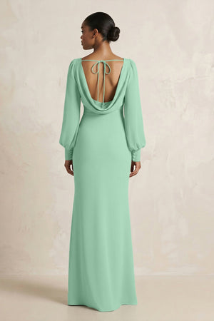 Long Sleeve V - Neck Sheath Chiffon Bridesmaid Dress in Pale Pistachio - SHE IS ME Bridesmaid Dresses