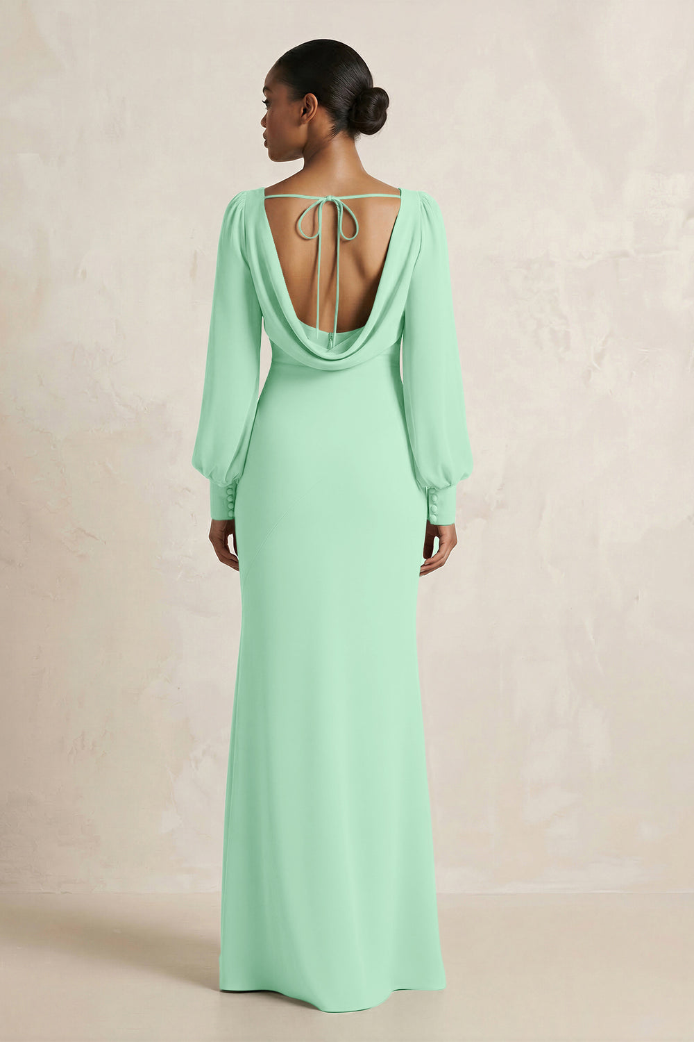 Long Sleeve V-Neck Sheath Chiffon Bridesmaid Dress in Pale Pistachio