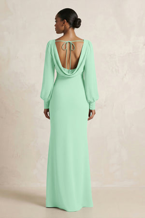 Long Sleeve V-Neck Sheath Chiffon Bridesmaid Dress in Pale Pistachio (2) | KISSBRIDAL