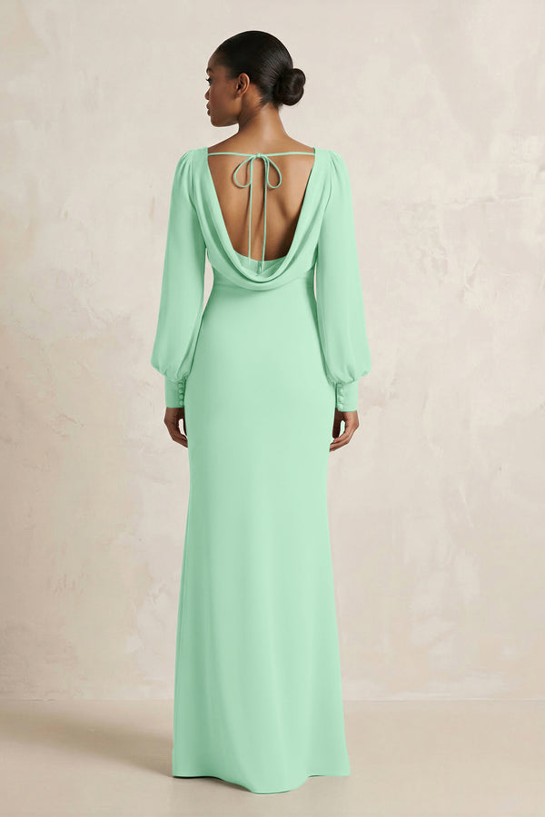Long Sleeve V-Neck Sheath Chiffon Bridesmaid Dress in Pale Pistachio (2) | KISSBRIDAL